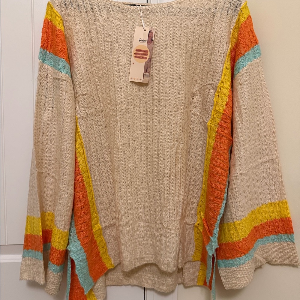 Neutral Knit Sweater with Yellow, Orange & Aqua Stripes